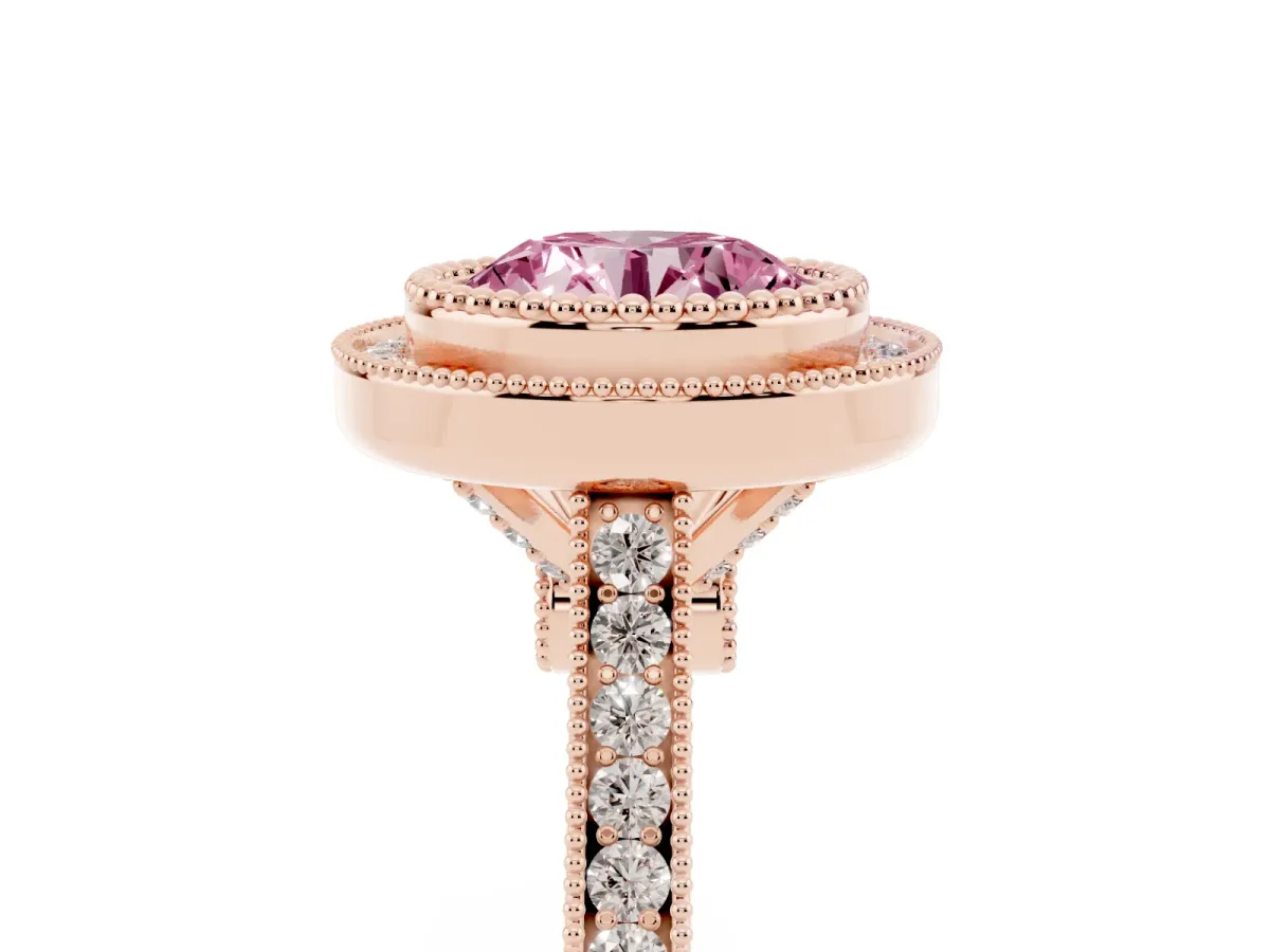 Fancy Pink Round Cut Diamond Halo Ring with Milgrain Frame and Pavé Band Rose gold