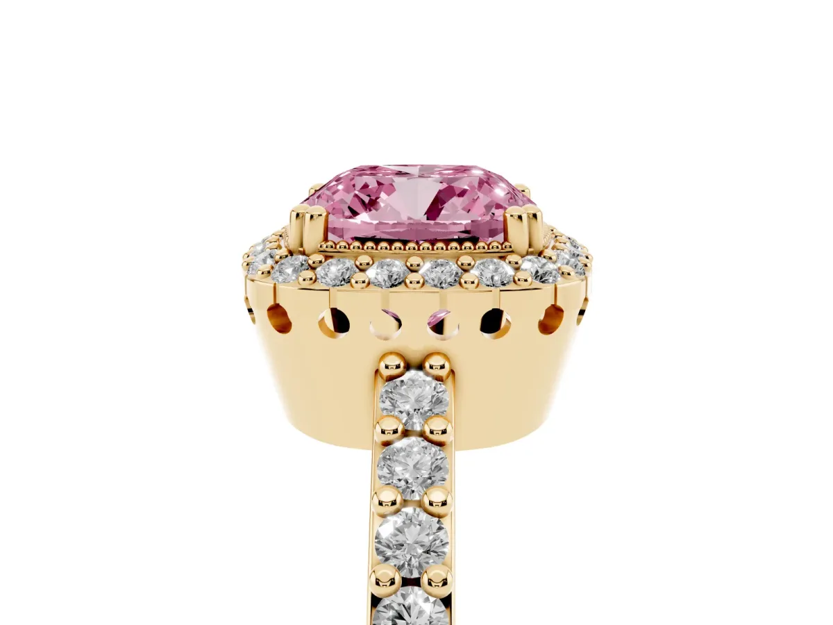 Fancy Pink Cushion Cut Cut Diamond Halo Engagement Ring with Milgrain Detail and Pavé Band Yellow gold