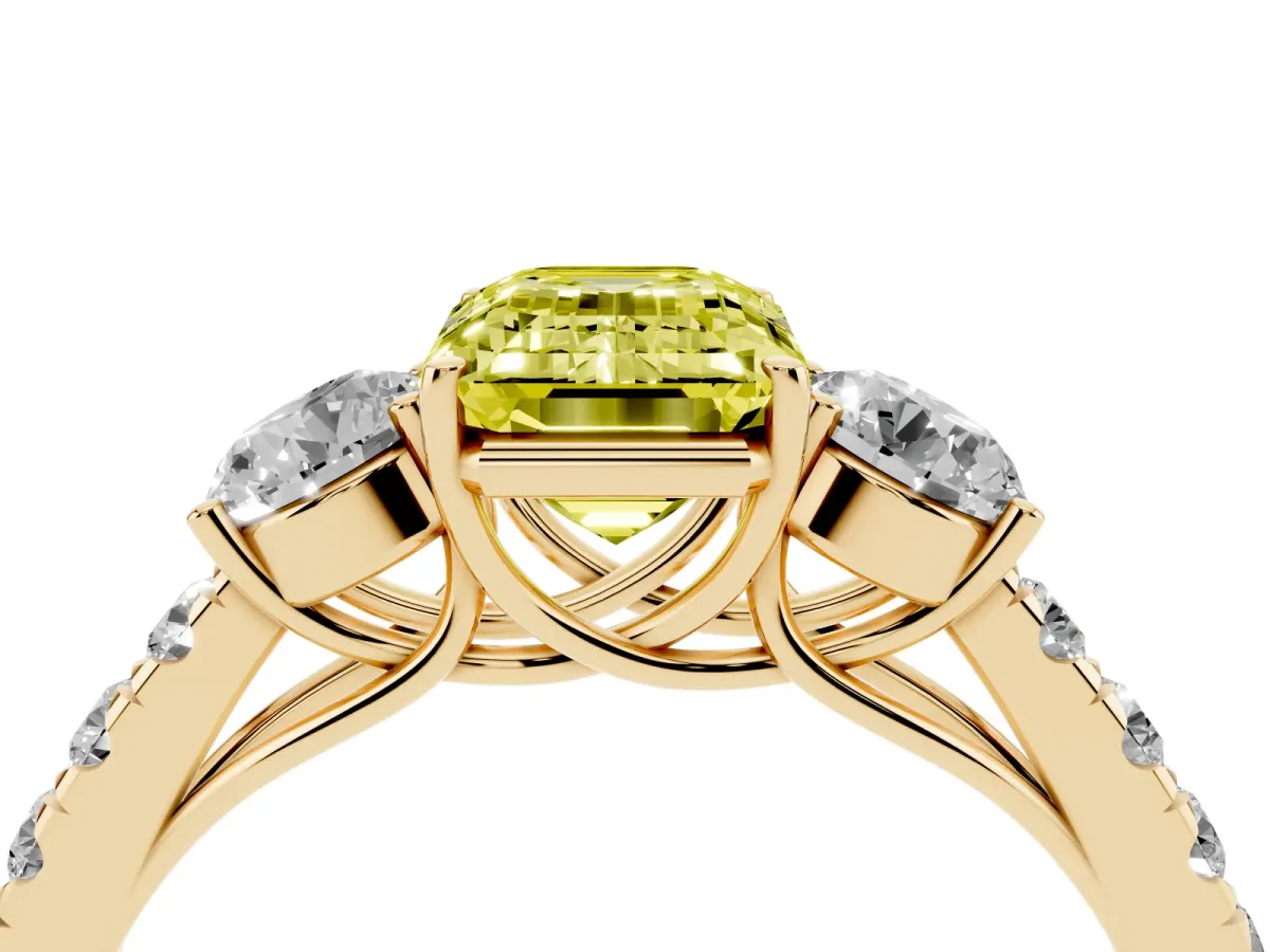 Fancy Yellow Emerald Cut Cut Diamond Three-Stone Ring with Round Side Stones and Pavé Band Yellow gold