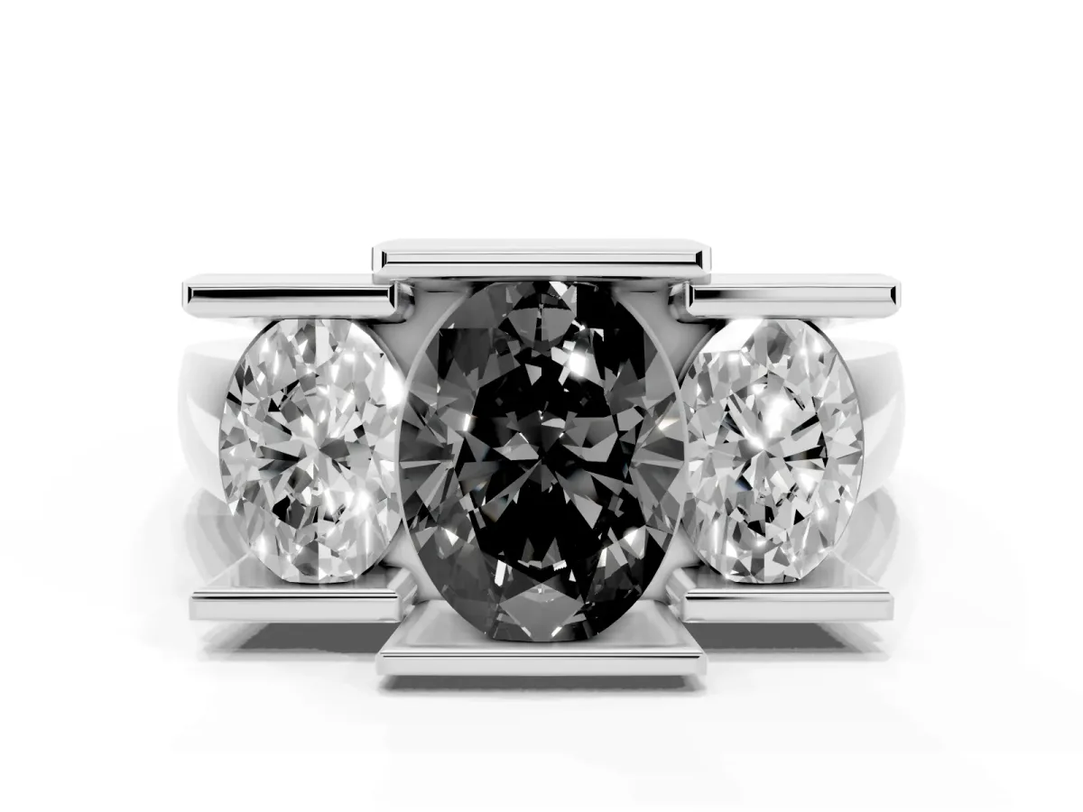 Fancy Black Three Stone Oval Cut Cut Channel Set Diamond Ring Platinum