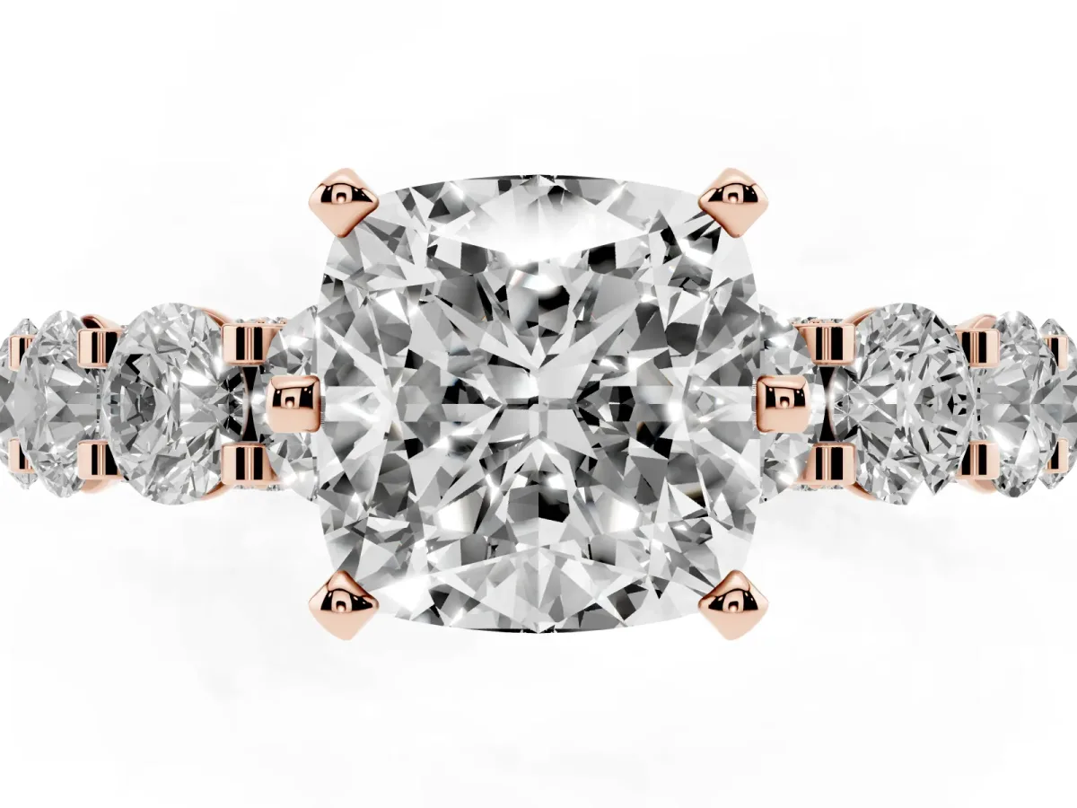 Cushion Cut Diamond Side Stone Engagement Ring with Four-Prong Setting Rose gold