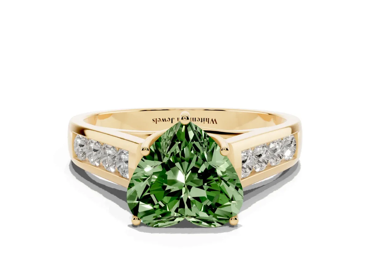 Fancy Green Heart Cut Brilliant Channel-Set Solitaire Ring with Four-Prong Setting Yellow gold