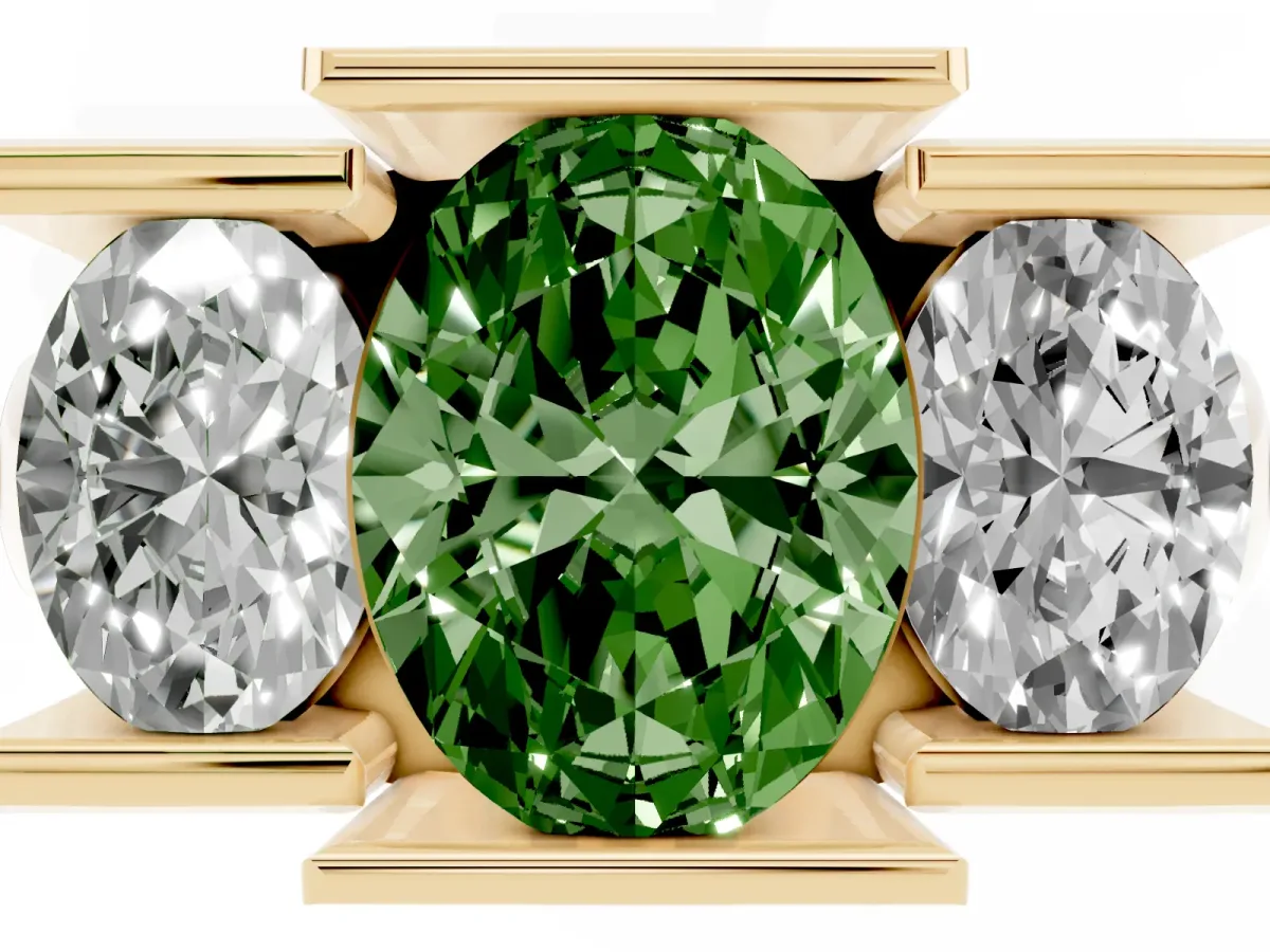 Fancy Green Three Stone Oval Cut Cut Channel Set Diamond Ring Yellow gold