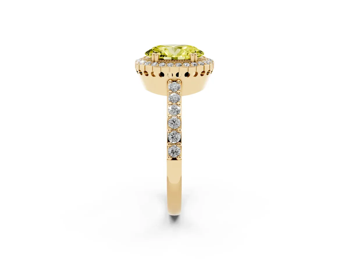 Fancy Yellow Oval Cut Cut Diamond Halo Engagement Ring with Milgrain Detail and Pavé Band Yellow gold