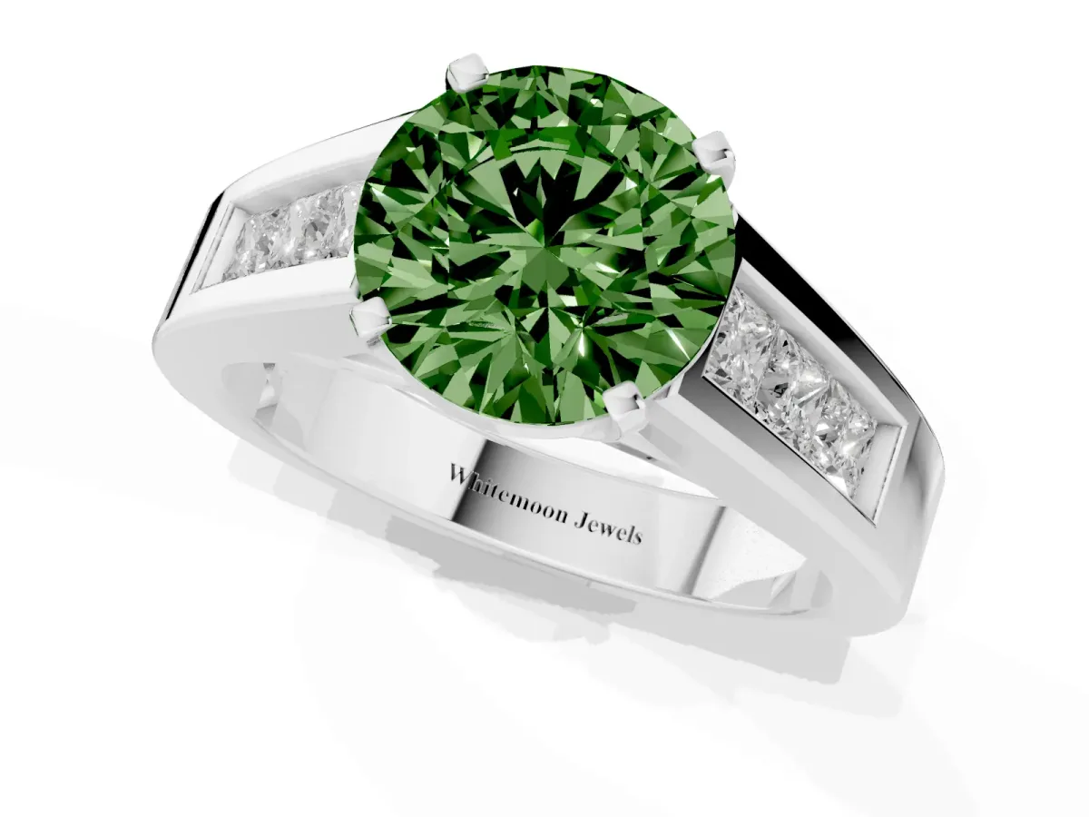 Fancy Green Round Cut Cut Channel Set Solitaire Ring with Four-Prong Setting Silver