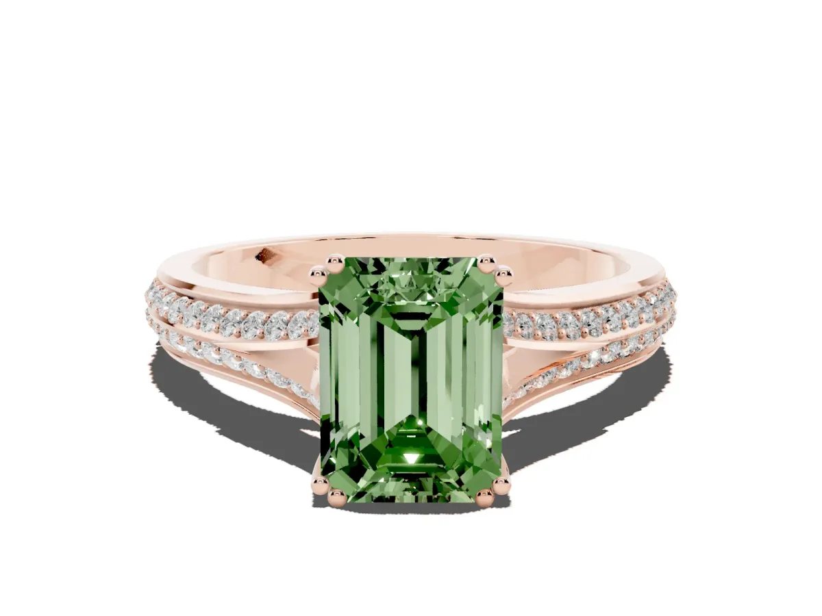 Fancy Green Emerald Cut Diamond Split Shank Engagement Ring with Pavé Band Rose gold
