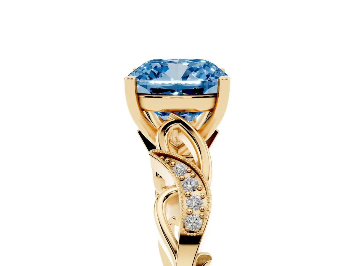 Fancy Blue Cushion Cut Solitaire Vine Band with Milgrain Prong Setting Yellow gold
