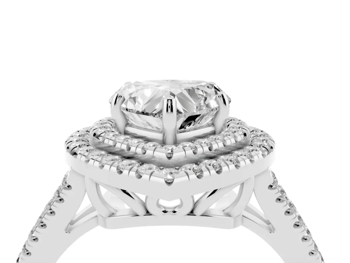Heart Cut Diamond Double Halo Ring with Pavé Band and Prong Setting White gold