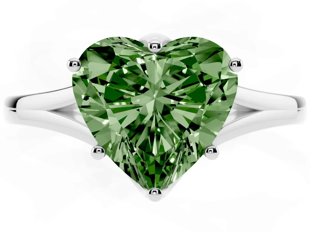 Fancy Green Heart Cut Solitaire Diamond Ring with Six-Prong Setting and Tapered Band Platinum