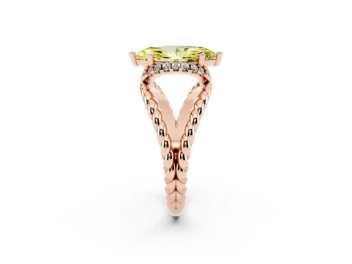 Fancy Yellow Marquise Cut Halo Twisted Band Four-Prong Ring Rose gold