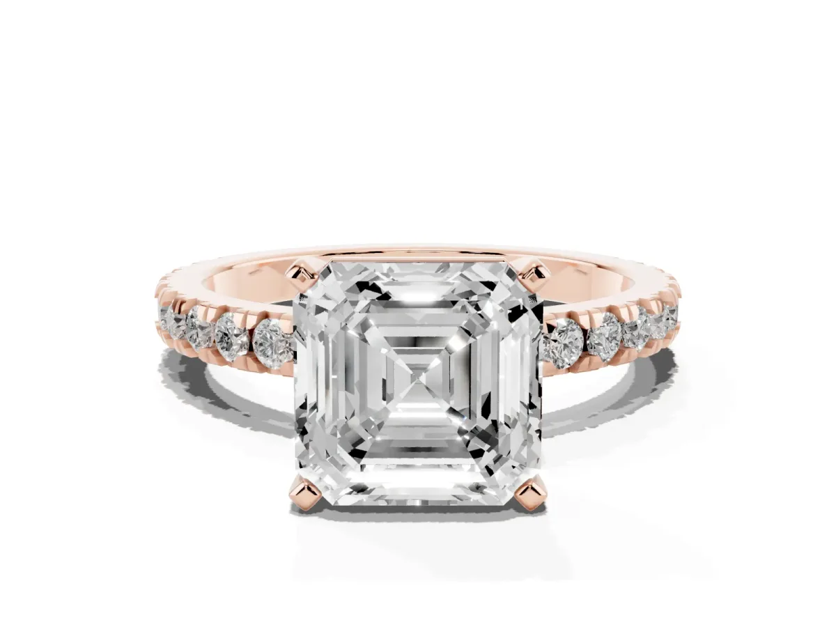 Asscher Cut Diamond Pavé Band Solitaire with Four-Prong Setting Rose gold