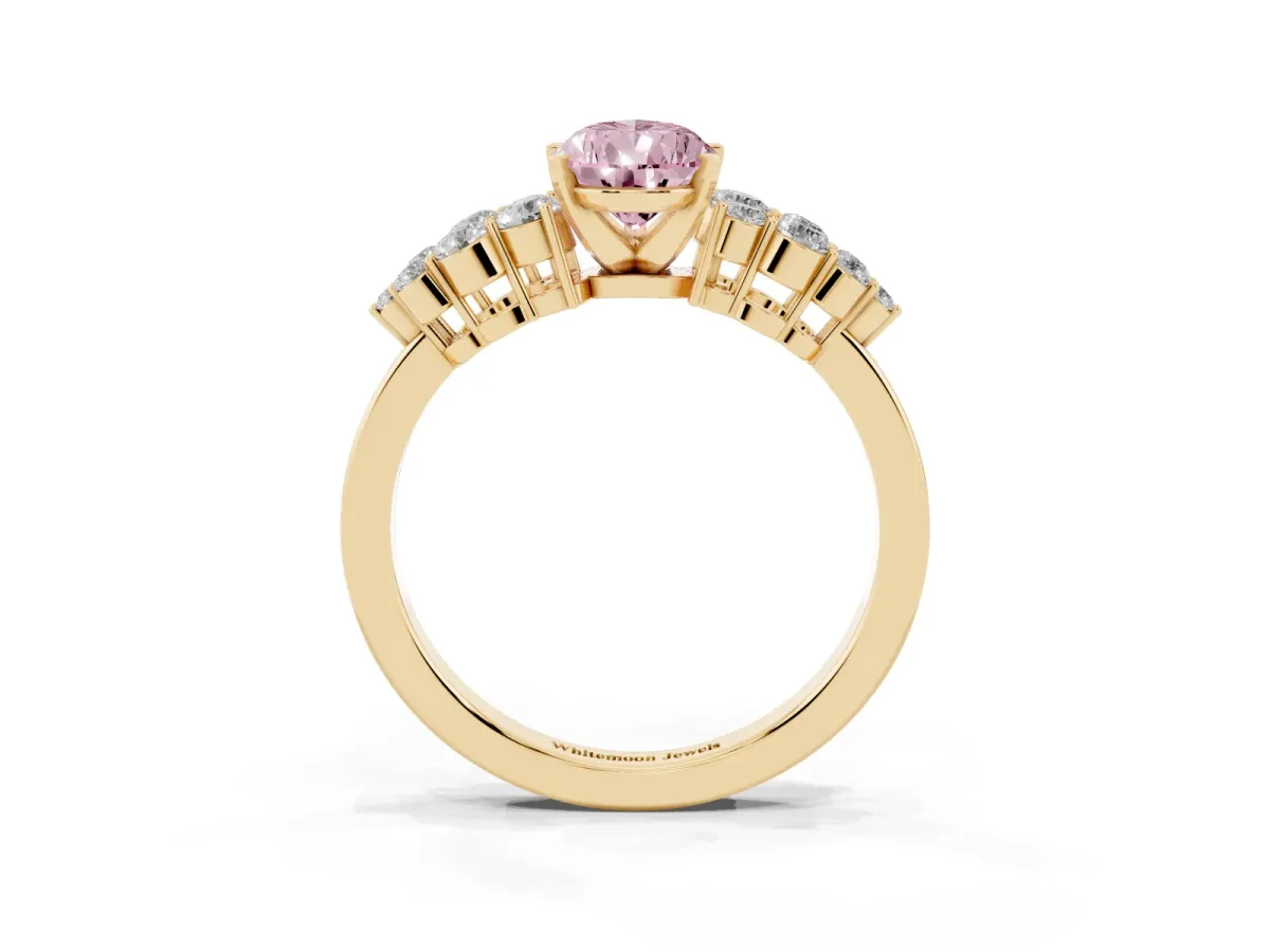 Fancy Pink Pear Cut Cluster Diamond Engagement Ring with Pavé Band and Four-Prong Setting Yellow gold
