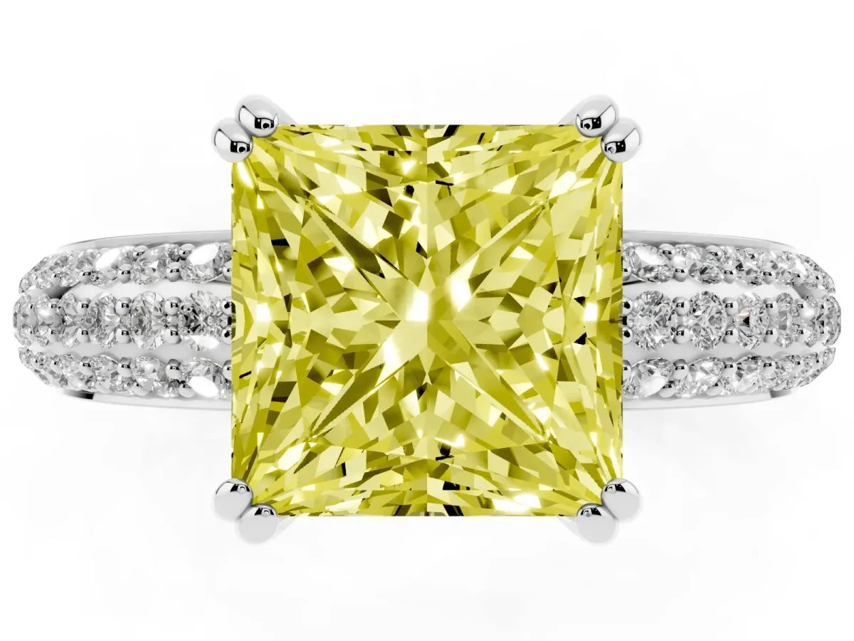 Fancy Yellow Princess Cut Diamond Solitaire Ring with Multi-Row Round Pavé Band and Prong Setting Silver