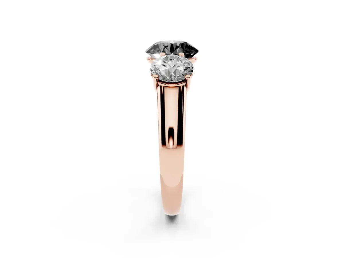 Fancy Black Round Cut Three-Stone Diamond Ring with Prong Setting on a Classic Band Rose gold