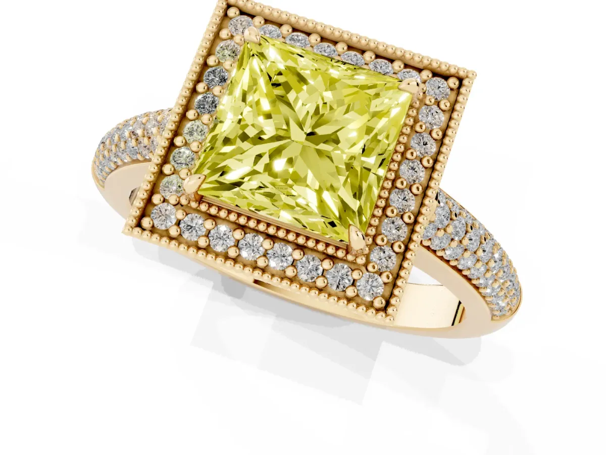 Fancy Yellow Princess Cut Cut Halo Diamond Pave Band with Four-Prong Setting Yellow gold