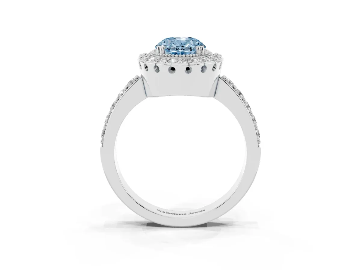 Fancy Blue Oval Cut Diamond Halo Ring with Pavé Band and Prong Setting Silver