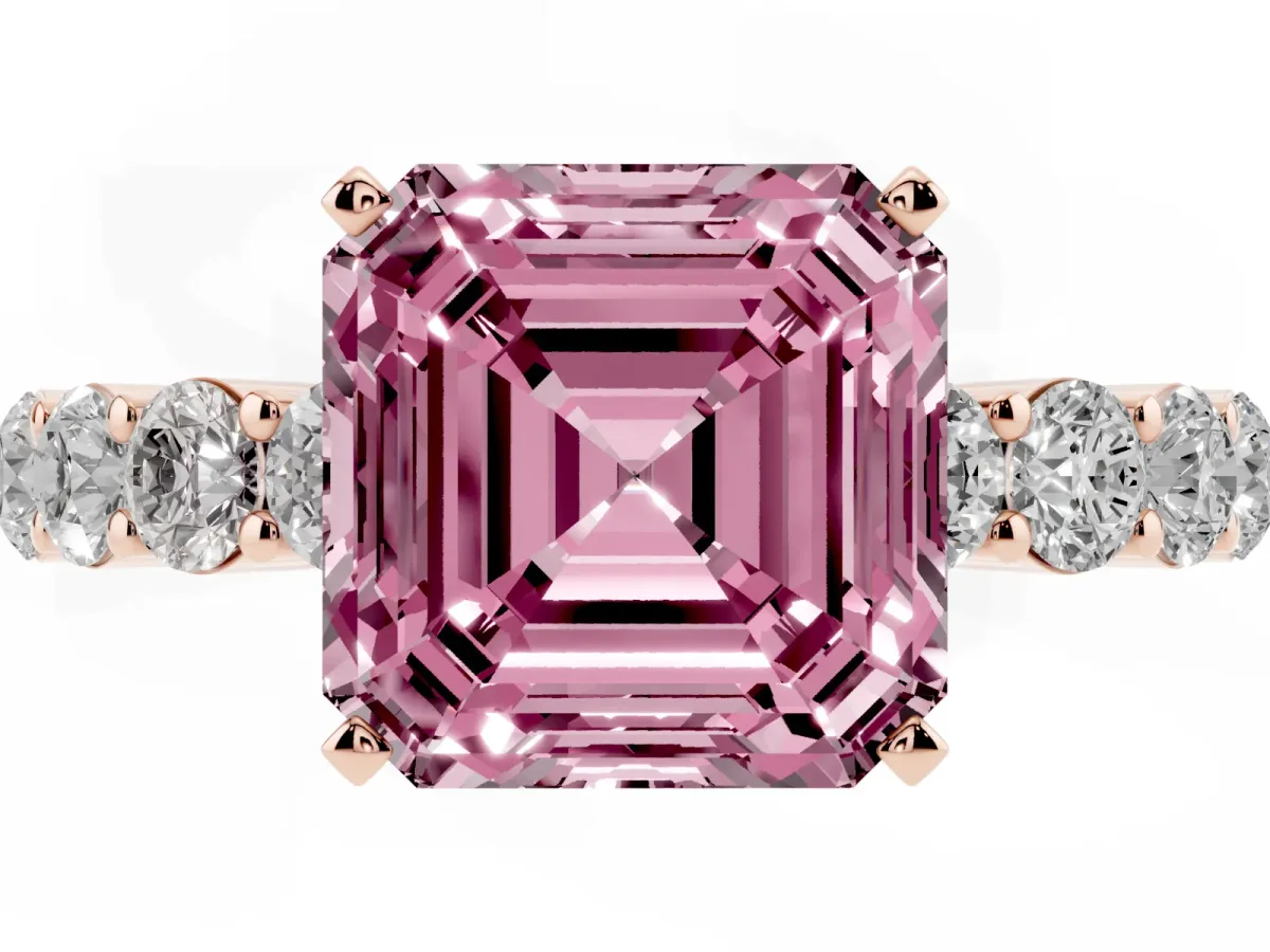 Fancy Pink Asscher Cut Diamond Solitaire Ring with Shared Prong Round Side Stones Rose gold