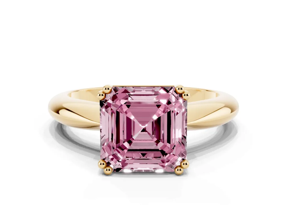 Fancy Pink Asscher Cut Cut Solitaire Engagement Ring with Tapered Band and Four-Prong Setting Yellow gold