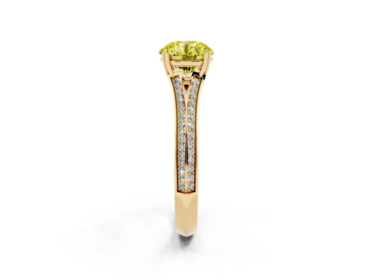 Fancy Yellow Round Cut Diamond Split Shank Engagement Ring with Pavé Band Yellow gold