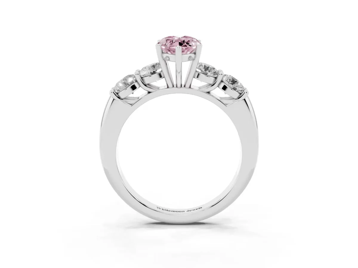 Fancy Pink Marquise Cut Cut Five-Stone Prong Set Diamond Ring with Classic Band Silver