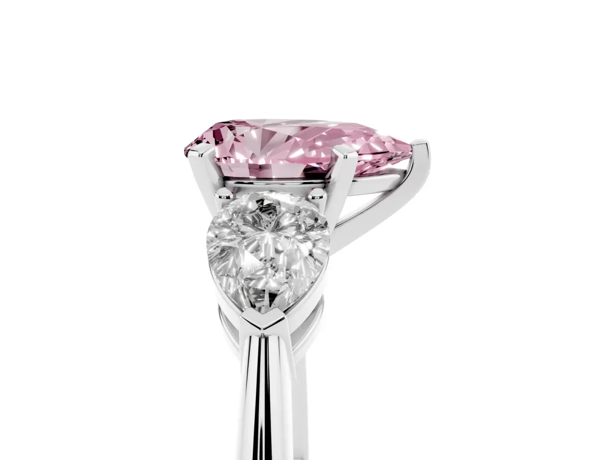 Fancy Pink Three-Stone Pear Cut Diamond Ring with Pear Side Stones and Four-Prong Setting Silver