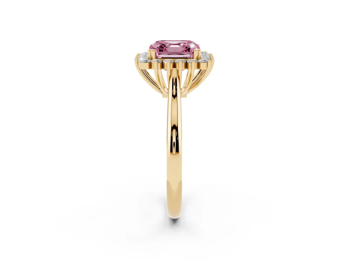 Fancy Pink Asscher Cut Cut Diamond Halo Ring with Solitaire Band and Prong Setting Yellow gold