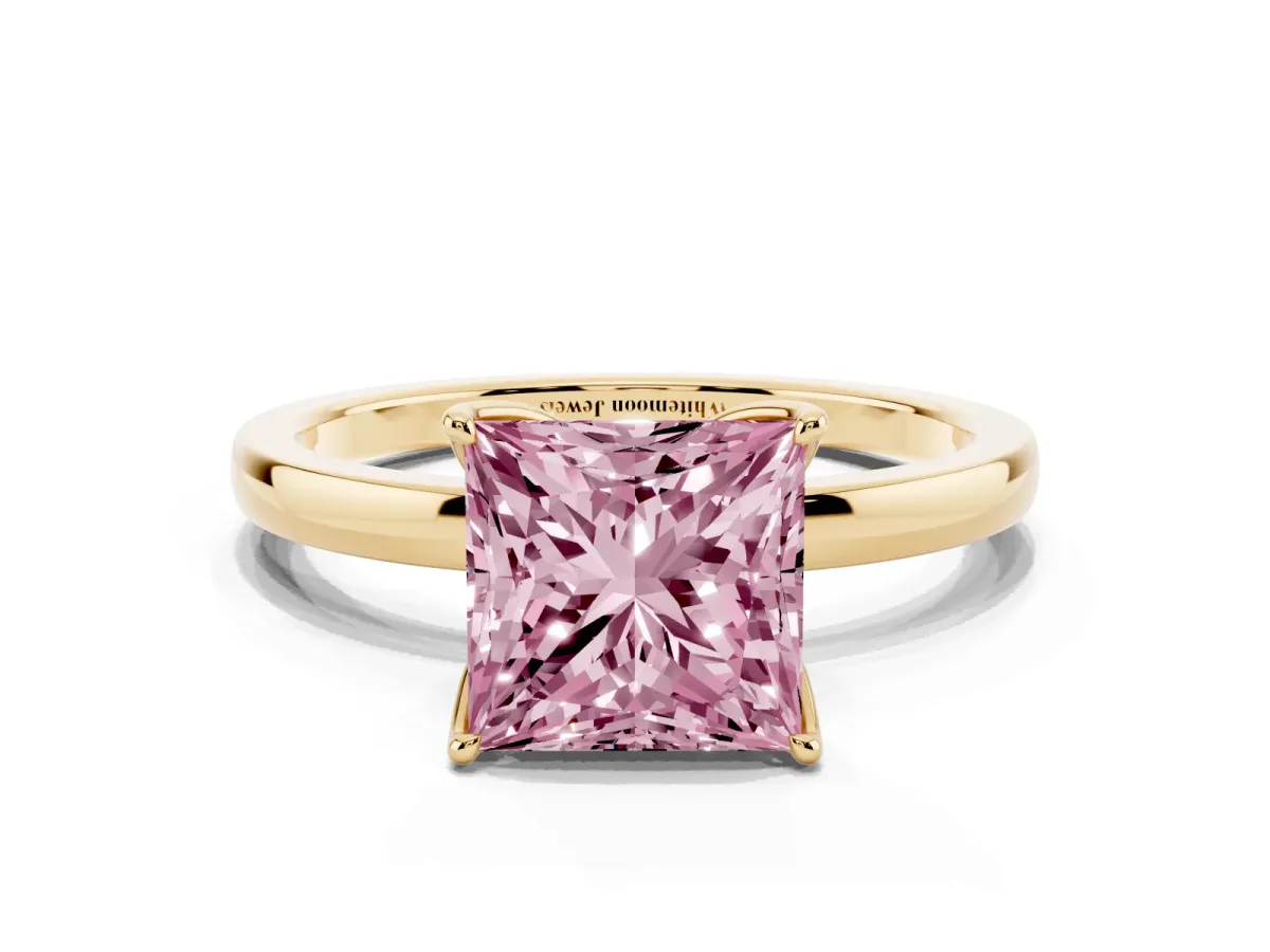Fancy Pink Princess Cut Diamond Solitaire Ring with Thin Band and Prong Setting Yellow gold
