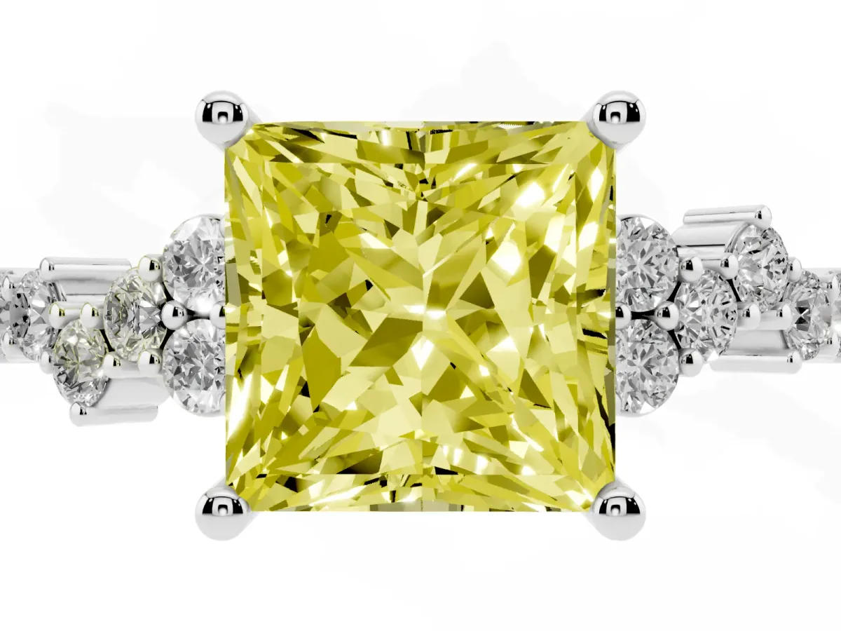 Fancy Yellow Princess Cut Diamond Scattered Round Accent Ring with Prong Setting Silver