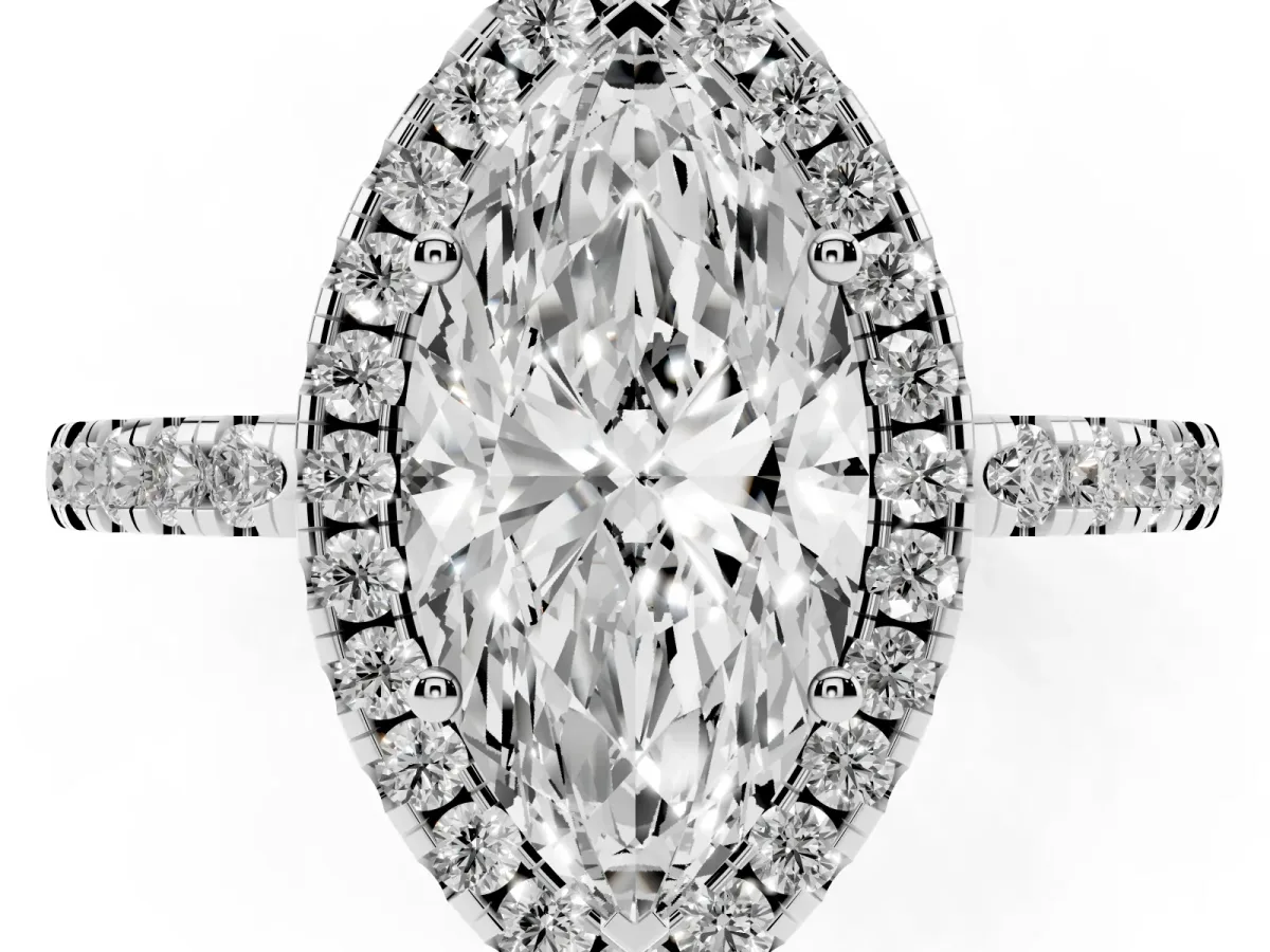Marquise Cut Halo Diamond Engagement Ring with Pavé Band and Four-Prong Setting White gold