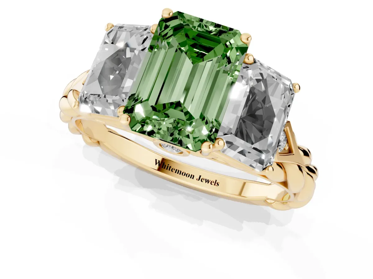 Fancy Green Three-Stone Radiant Cut Diamond Braided Band Ring with Four-Prong Setting Yellow gold