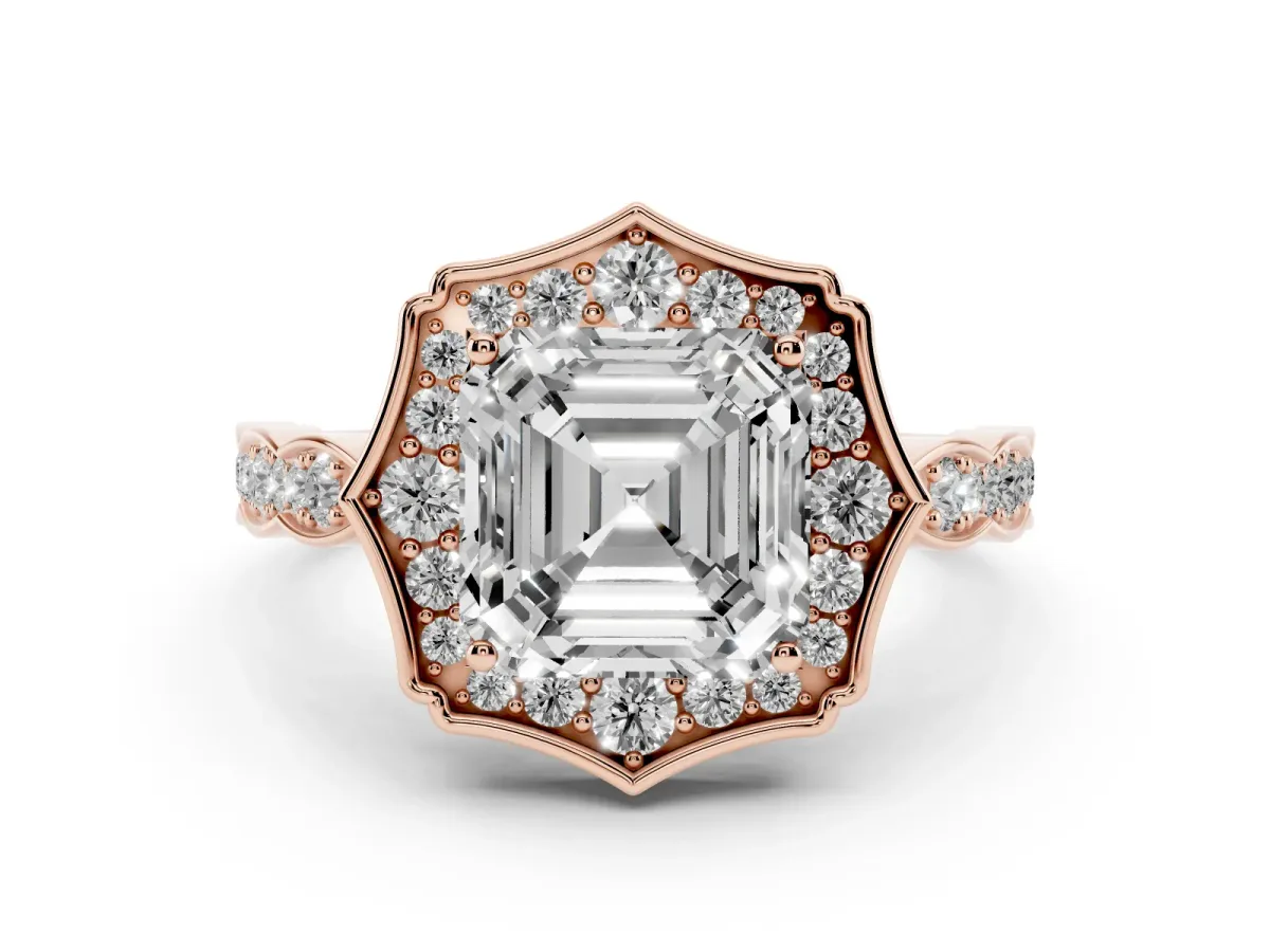 Asscher Cut Halo Diamond Engagement Ring with Milgrain Band and Four-Prong Setting Rose gold