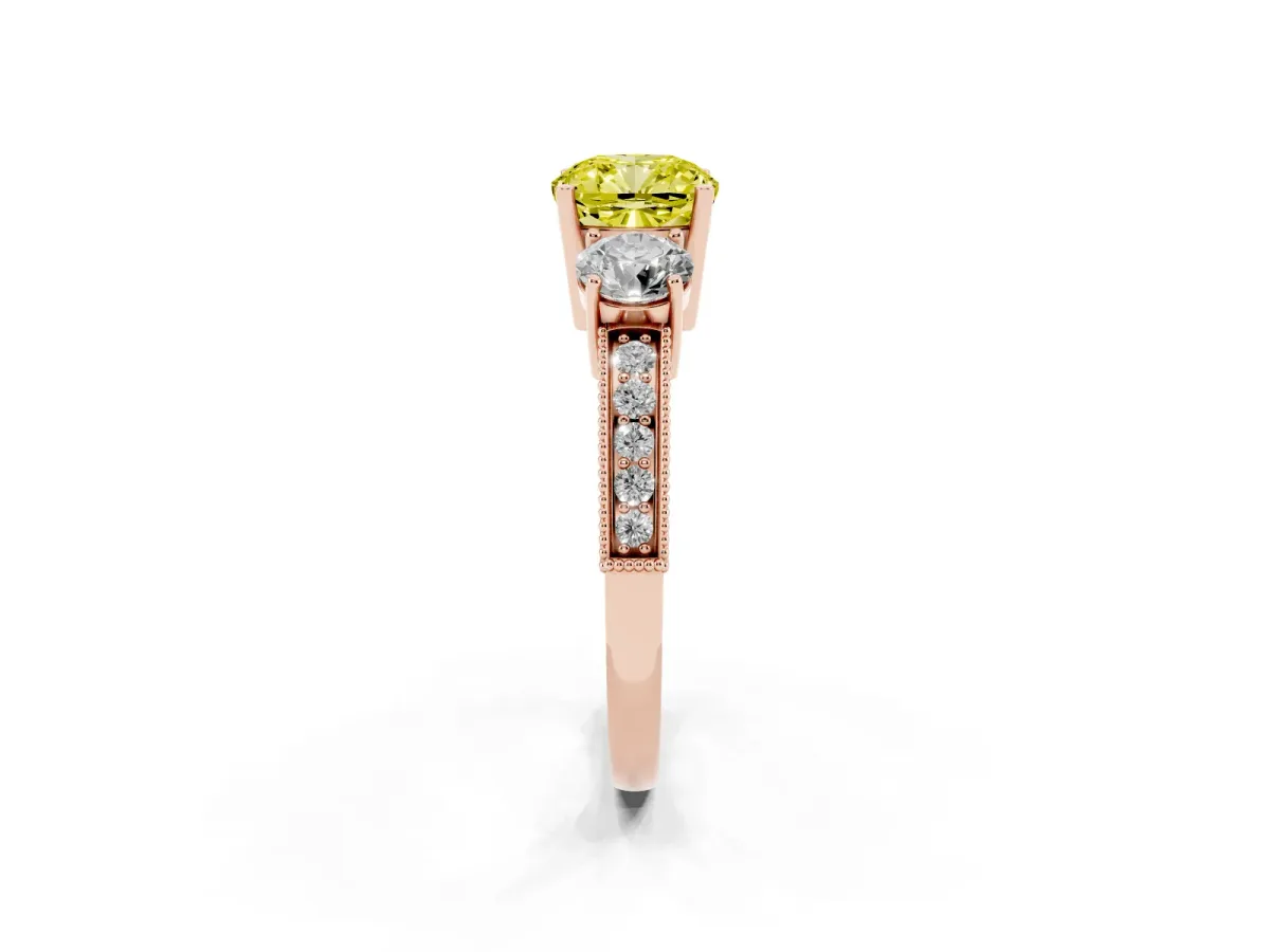 Fancy Yellow Cushion Cut Three-Stone Diamond Ring with Pavé Band and Four-Prong Setting Rose gold