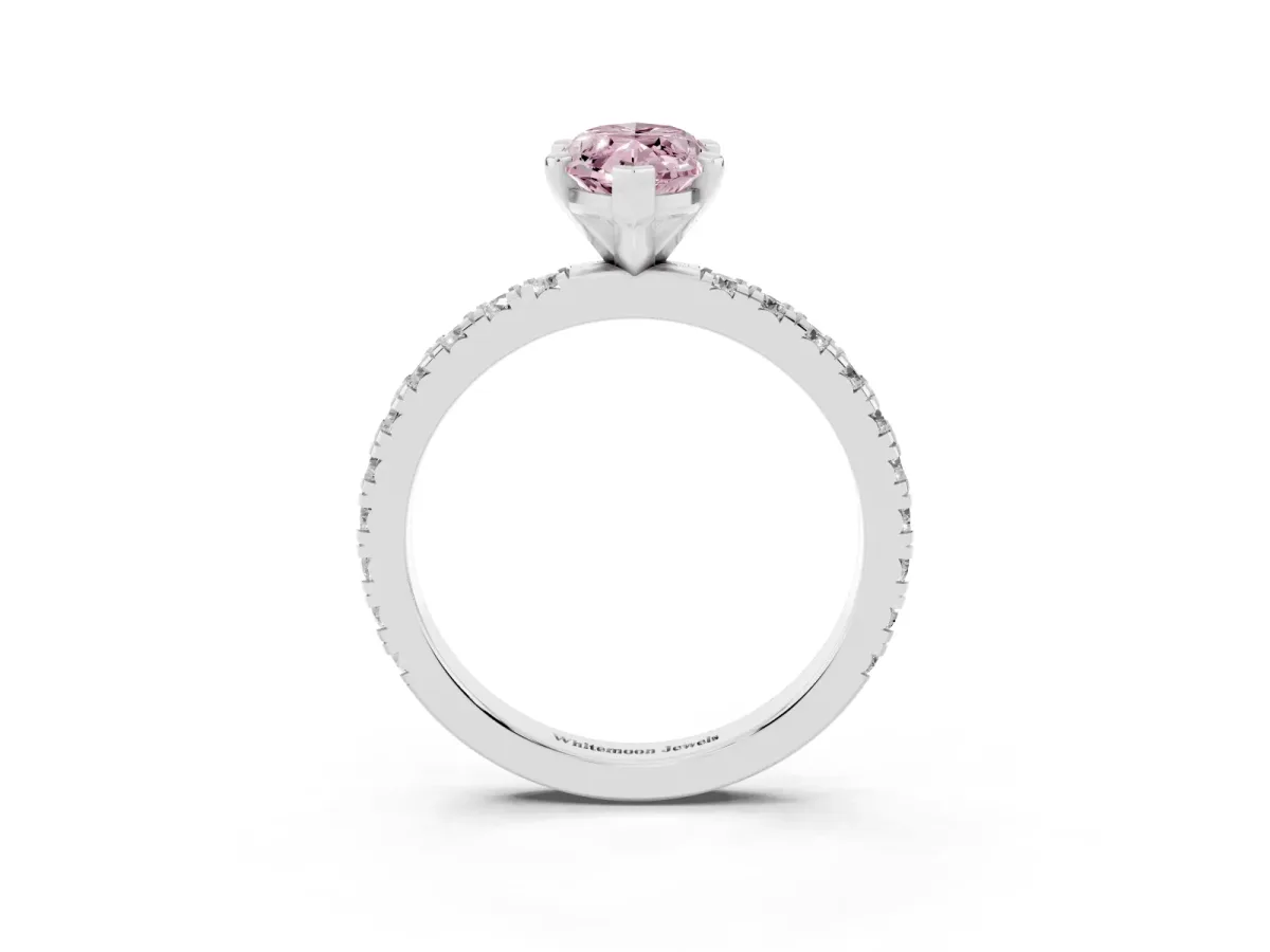 Fancy Pink Marquise Cut Diamond Pavé Band Solitaire with Four-Prong Setting Silver