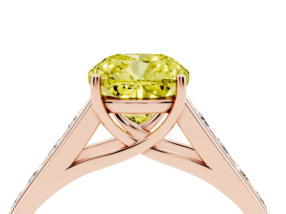 Fancy Yellow Cushion Cut Solitaire Channel-Set Diamond Engagement Ring with Four-Prong Setting Rose gold