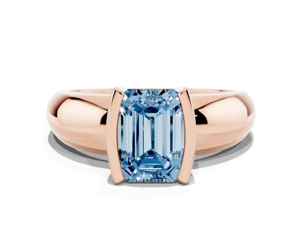 Fancy Blue Emerald Cut Solitaire Tension Set Diamond Ring with Wide Band Rose gold