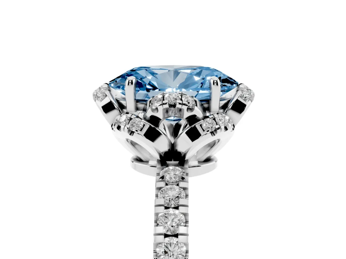Fancy Blue Oval Cut Halo Diamond Pave Band Ring with Four-Prong Setting Platinum