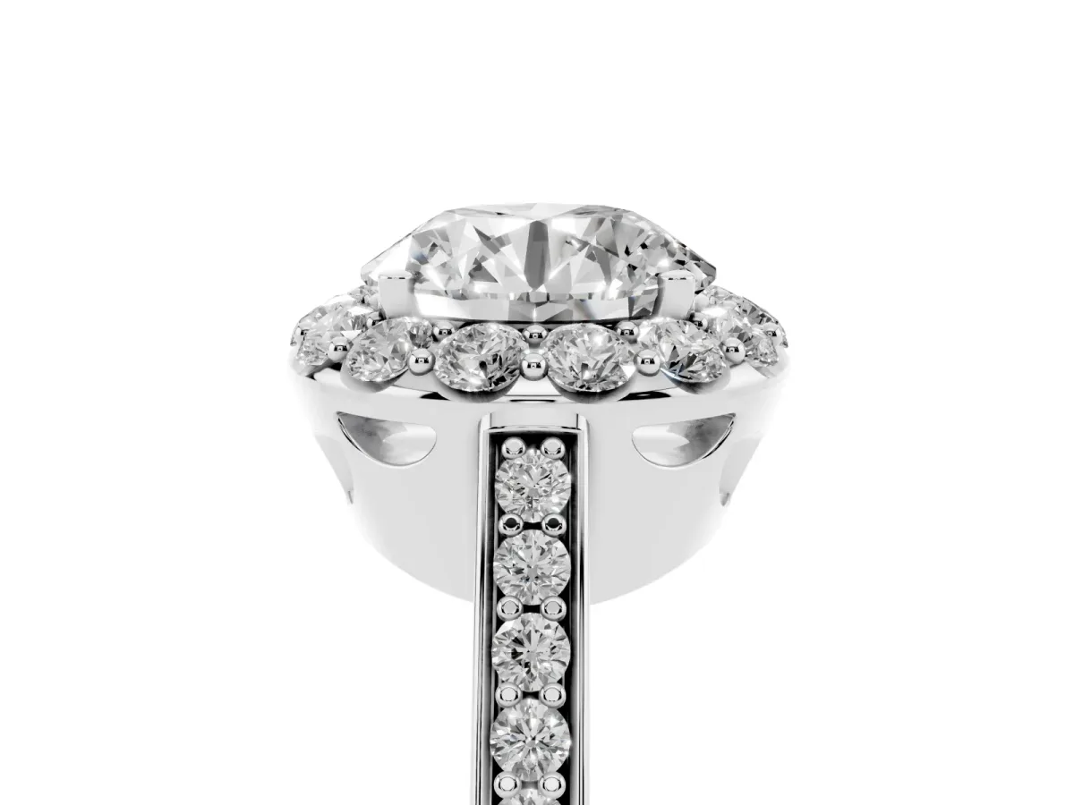 Round Cut Diamond Floral Halo Ring with Pavé Band and Prong Setting White gold