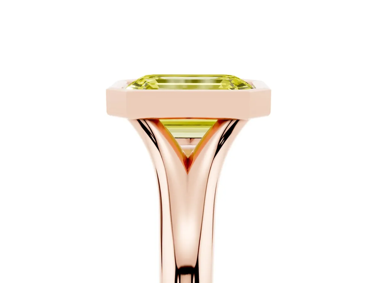 Fancy Yellow Bezel Set Emerald Cut Solitaire Diamond Ring with Smooth Band Rose gold