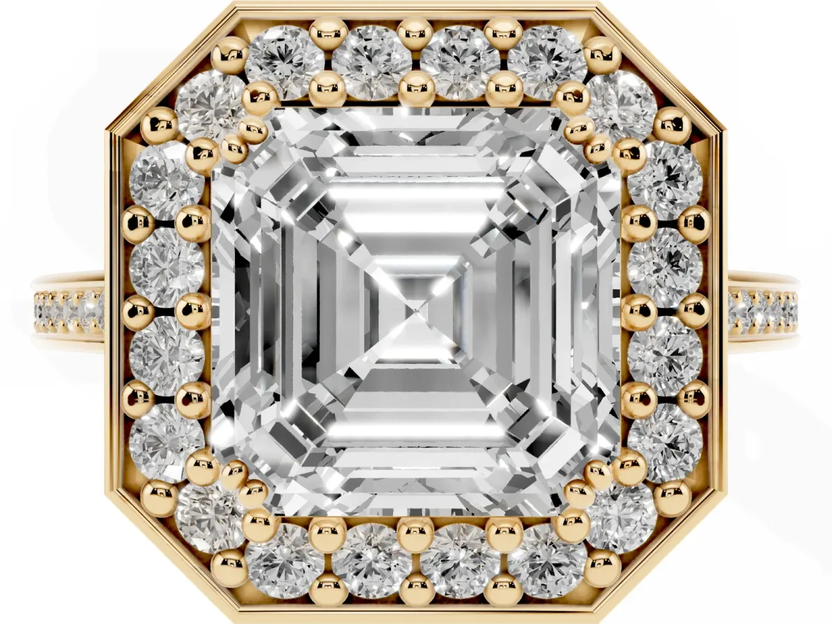 Asscher Cut Diamond Halo Ring with Split Shank and Four-Prong Setting Yellow gold