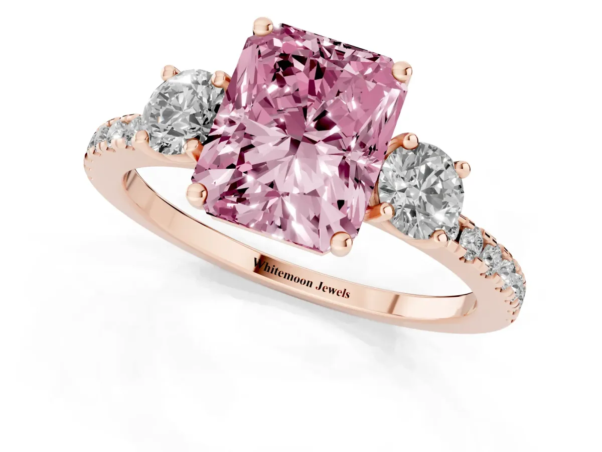 Fancy Pink Three-Stone Radiant Cut Cut Diamond Pavé Band with Prong Setting Rose gold
