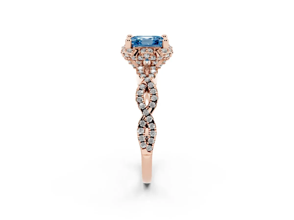 Fancy Blue Asscher Cut Halo Twist Band Solitaire Ring with Six-Prong Setting Rose gold