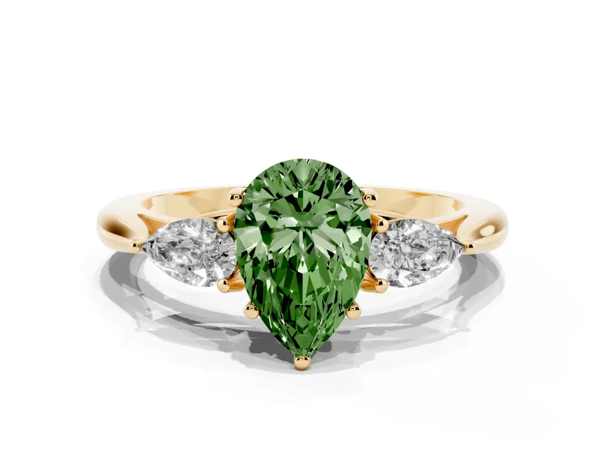 Fancy Green Pear Cut Diamond Three-Stone Ring with Pear Side Stones and Prong Setting Yellow gold