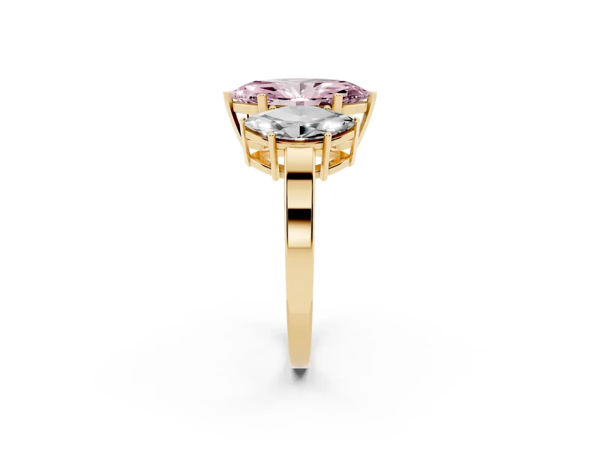 Fancy Pink Three-Stone Marquise Cut Cut Diamond Engagement Ring with Flat Band and Four-Prong Setting Yellow gold