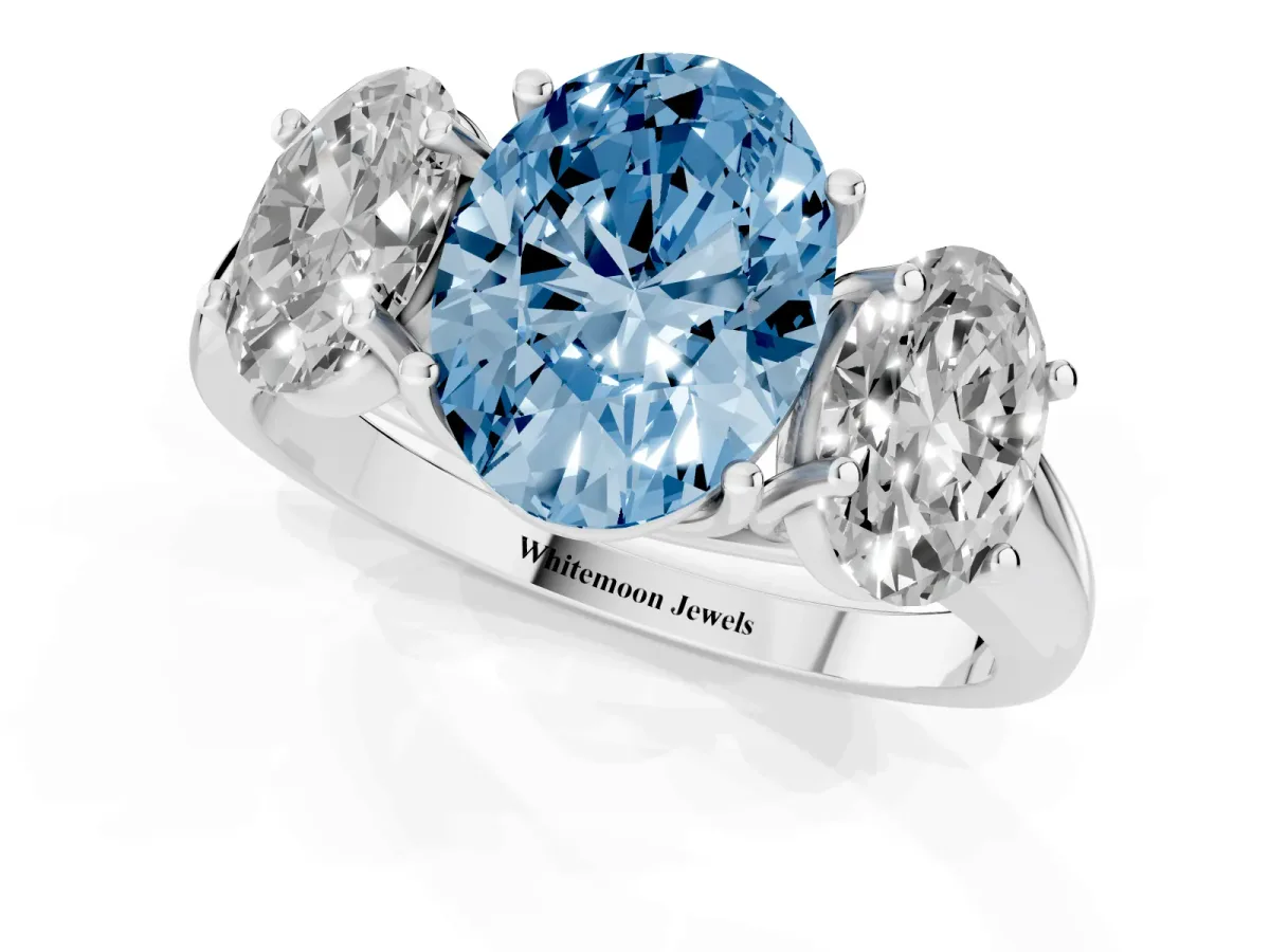 Fancy Blue Three-Stone Oval Cut Diamond Engagement Ring with Prong Setting Silver