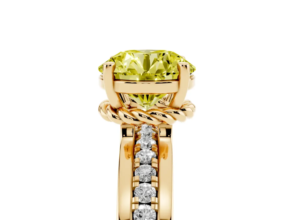 Fancy Yellow Round Cut Solitaire Diamond Ring with Channel Set Band and Six-Prong Setting Yellow gold