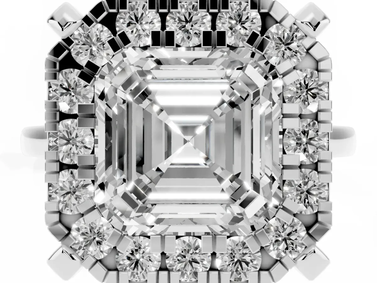 Asscher Cut Diamond Cluster Halo Solitaire with Four-Prong Setting White gold