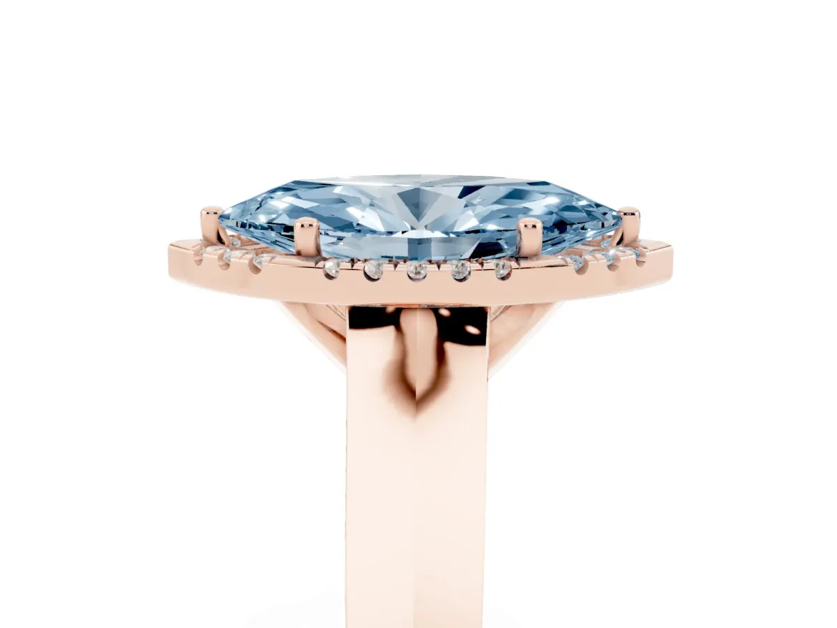 Fancy Blue Marquise Cut Halo Diamond Ring with Cathedral Band and Four-Prong Setting Rose gold