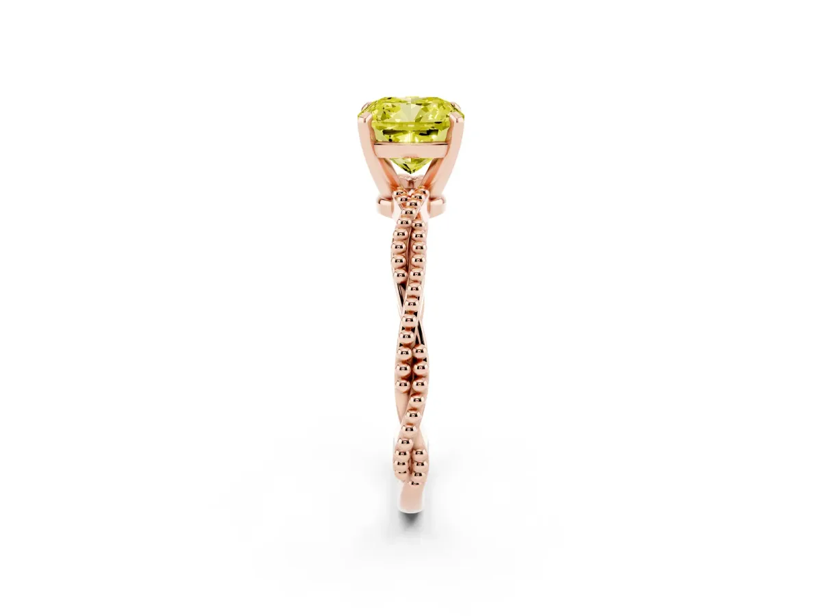 Fancy Yellow Cushion Cut Solitaire Twisted Band with Bead Prong Setting Rose gold