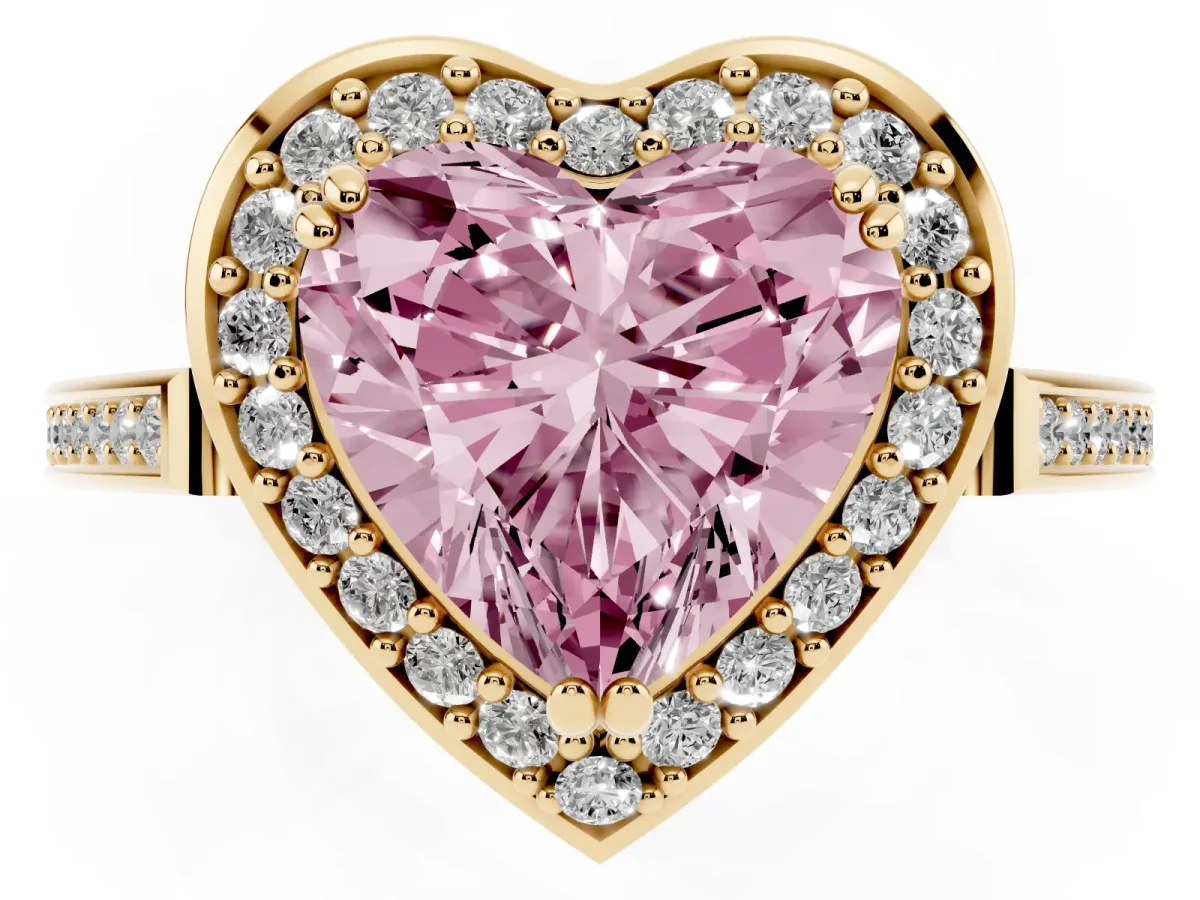 Fancy Pink Heart Cut Diamond Halo Ring with Split Shank and Four-Prong Setting Yellow gold