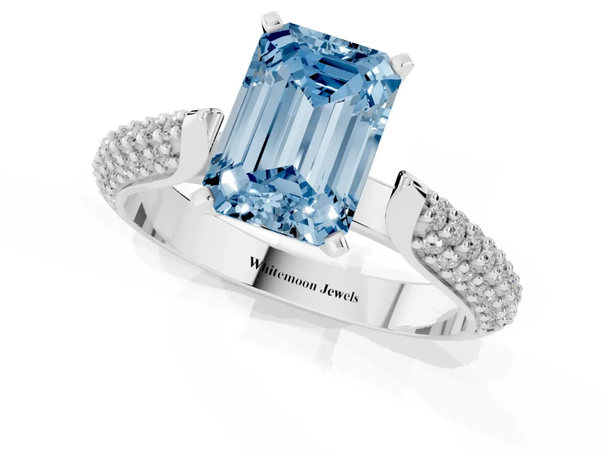Fancy Blue Emerald Cut Diamond Solitaire Engagement Ring with Multi-Row Round Pavé Band and Prong Setting Silver
